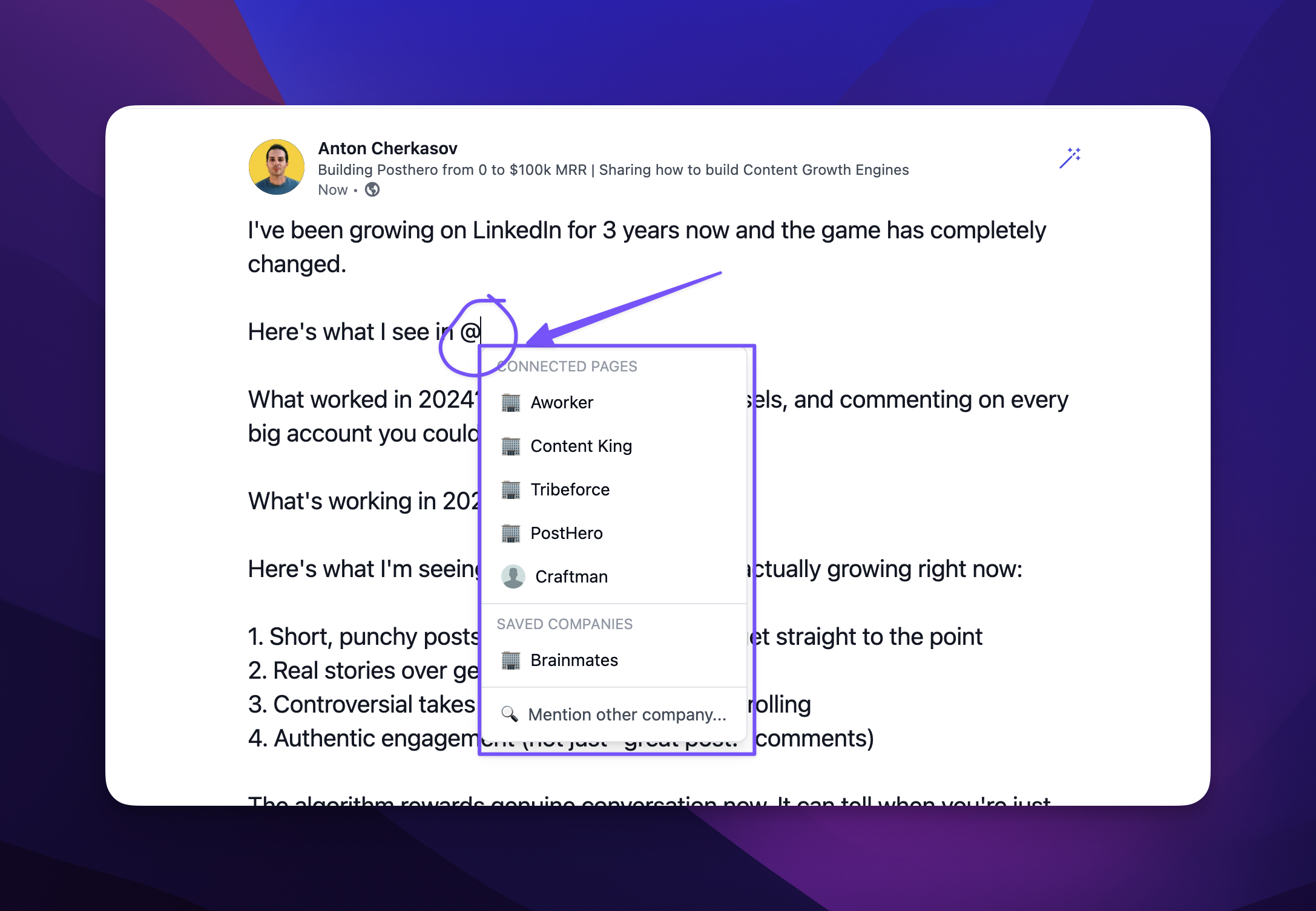 Mention companies on LinkedIn