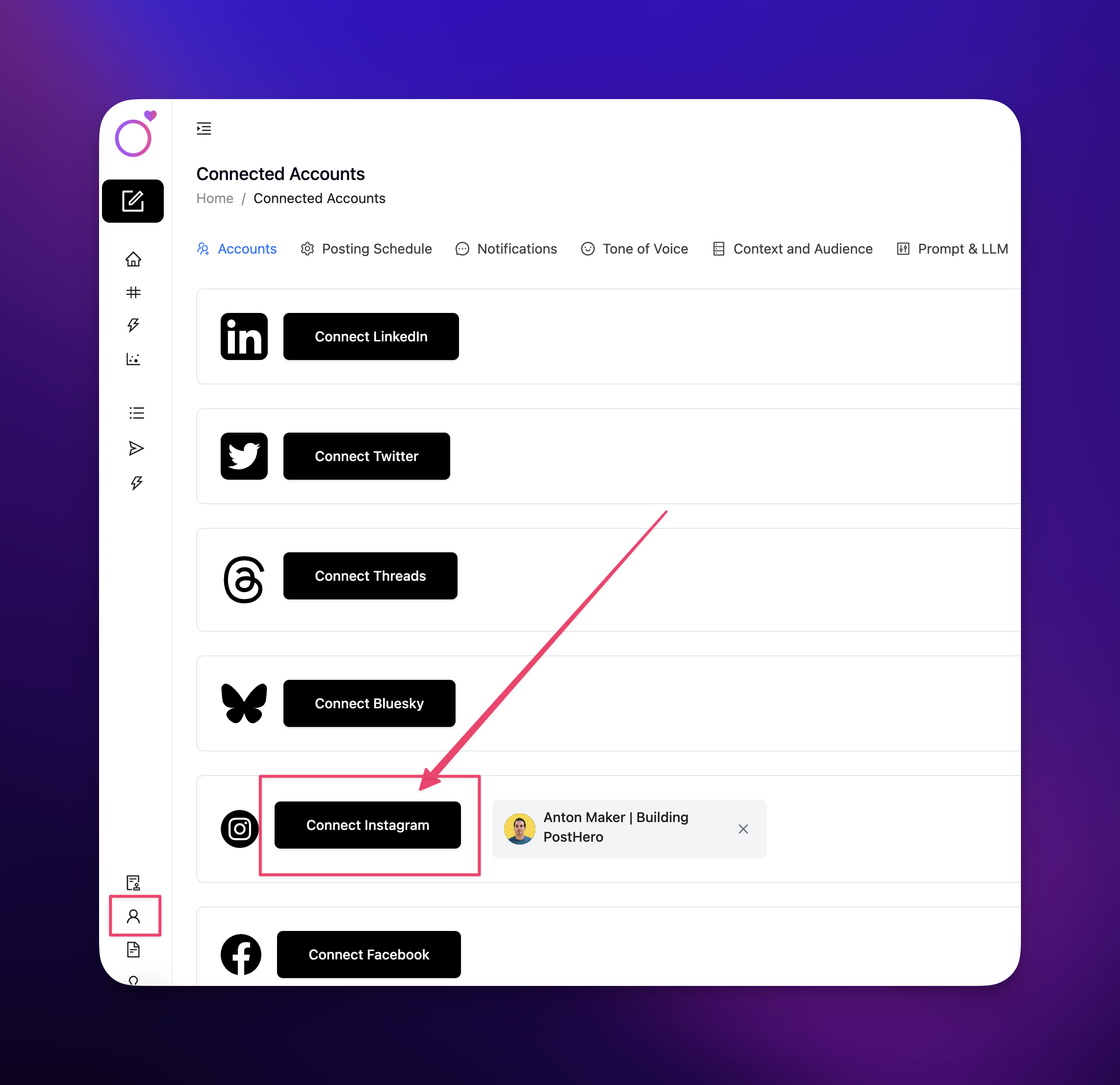 Connect Instagram button on the PostHero Connected Accounts page