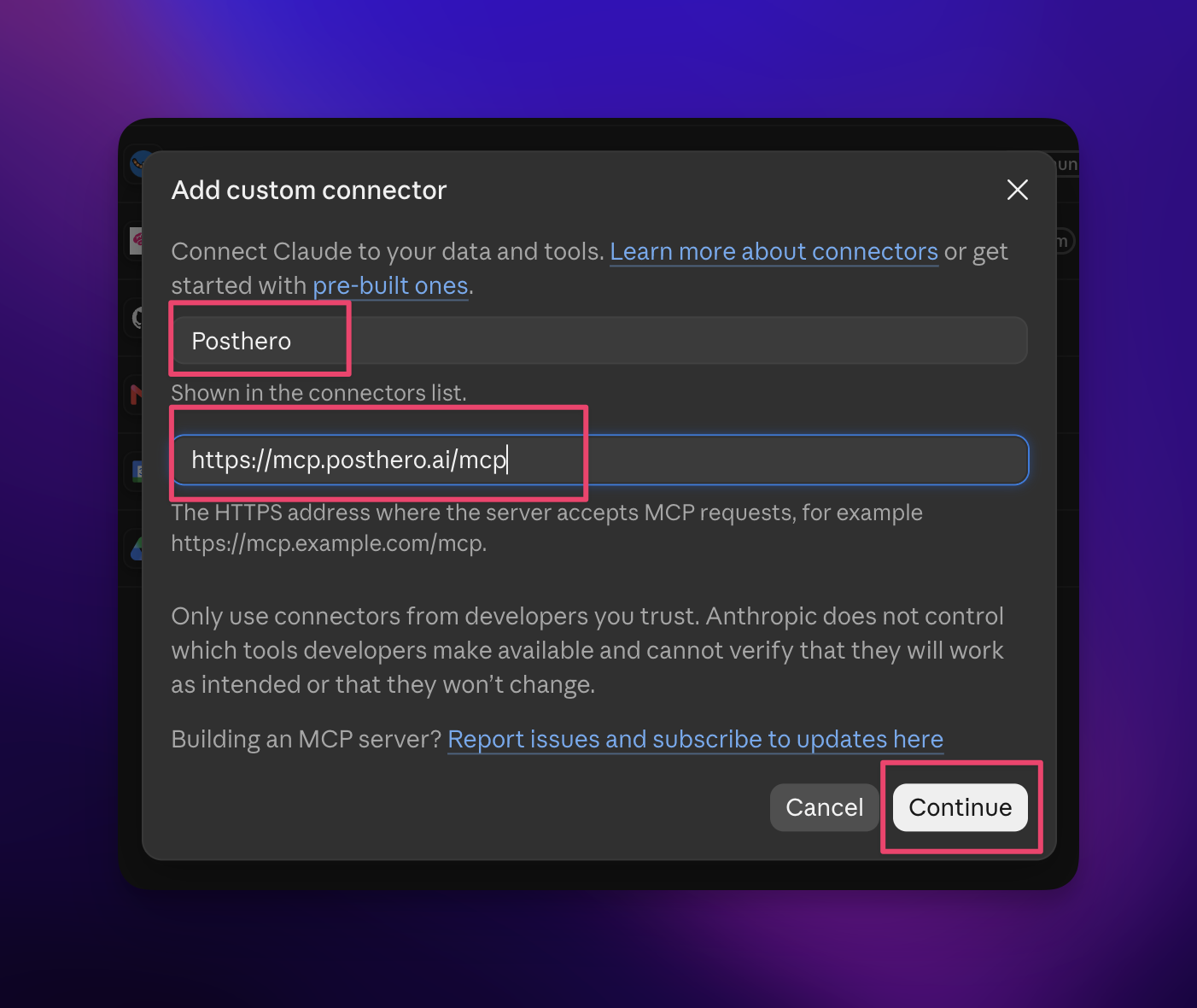 Claude Add custom connector dialog with name PostHero and URL https://mcp.posthero.ai/mcp