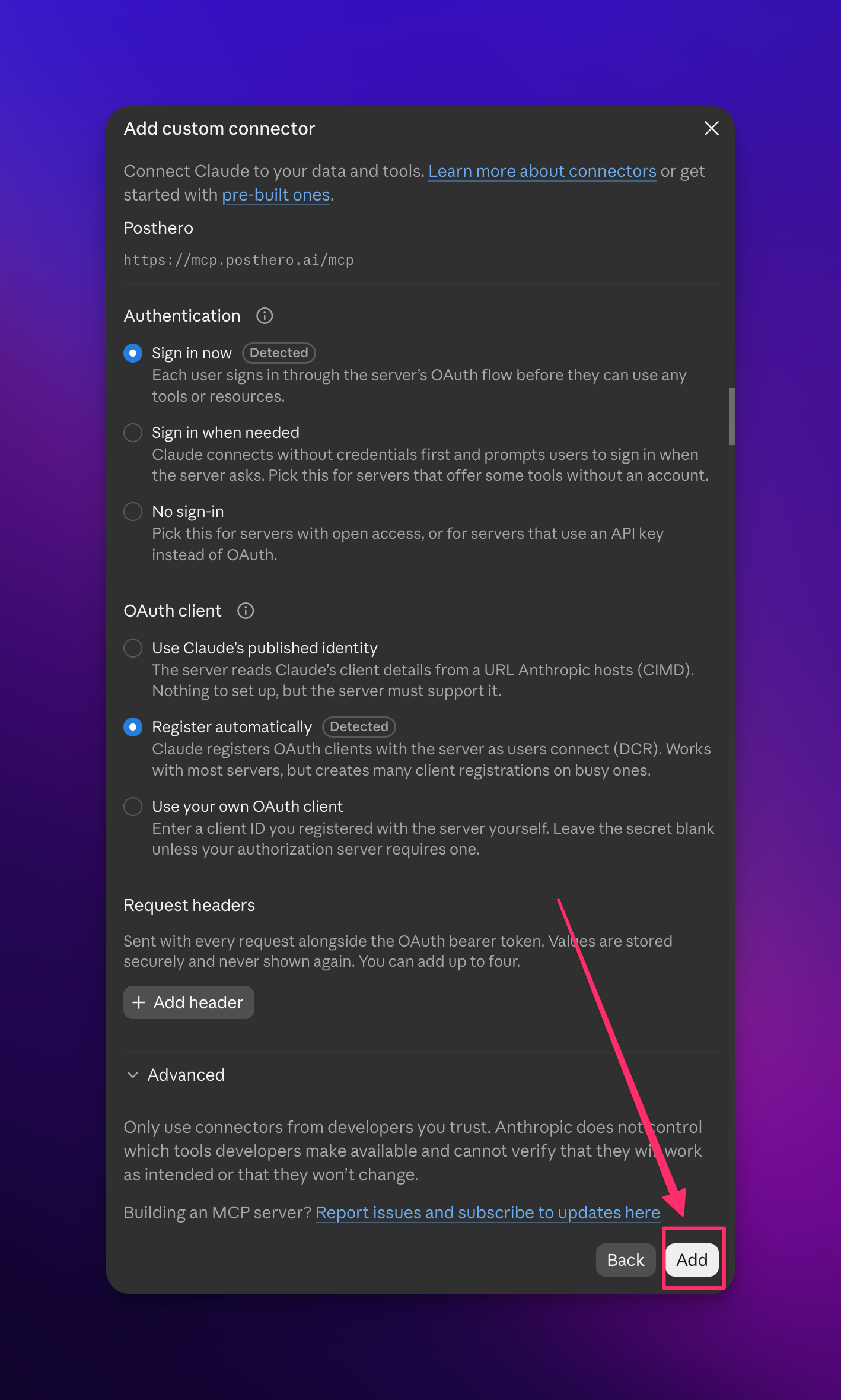 Claude custom connector authentication settings with Sign in now and Register automatically selected