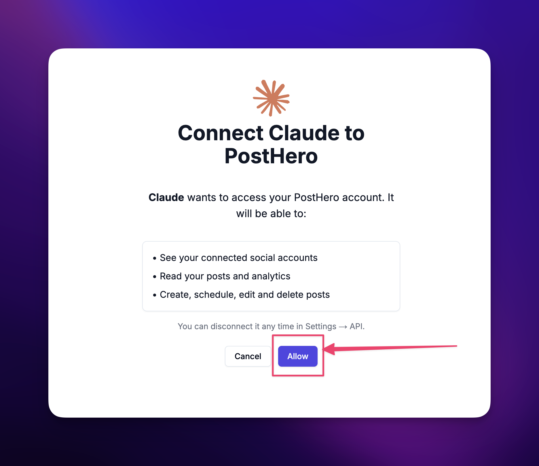 PostHero screen asking to allow Claude to access your PostHero account