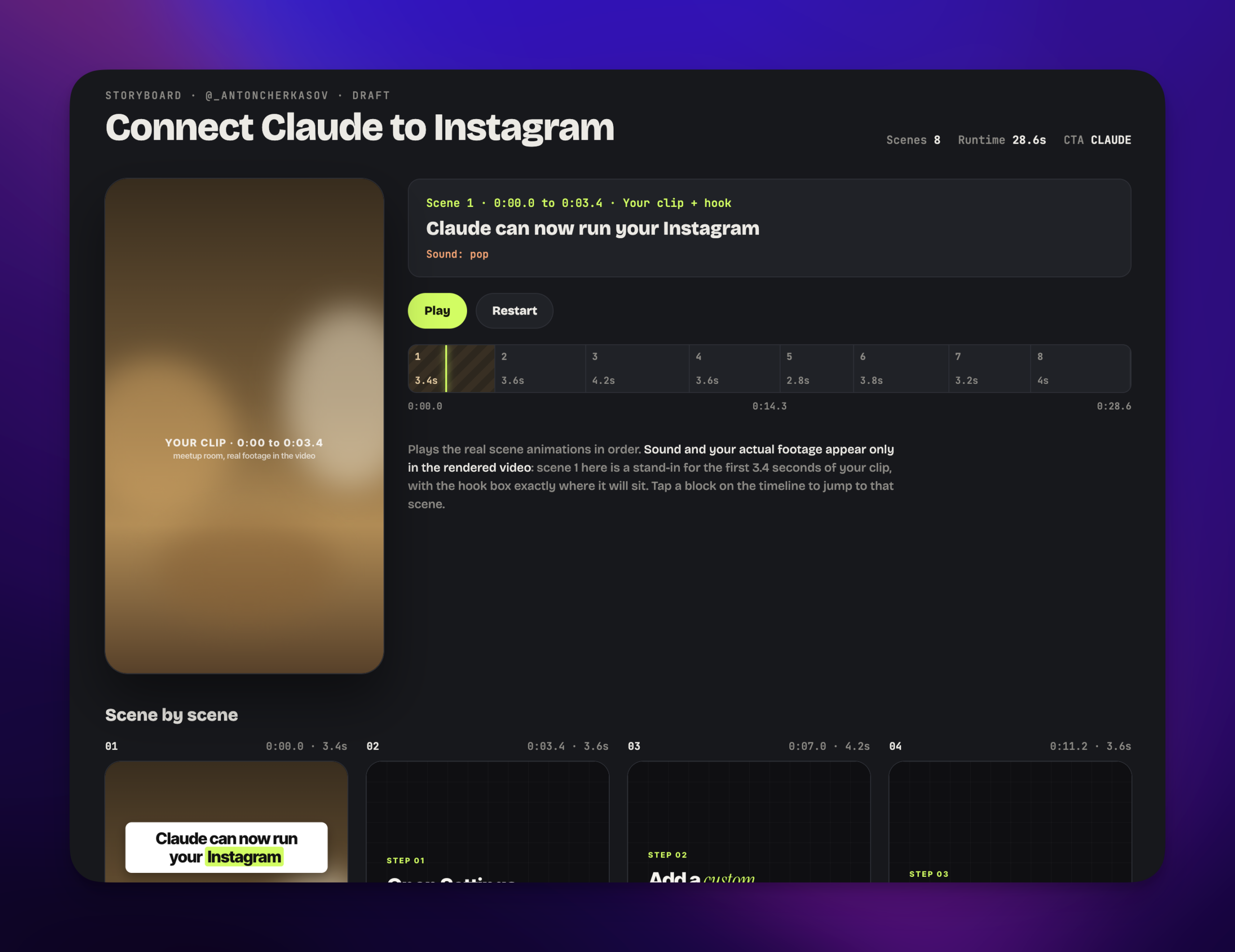Reel storyboard preview designed by Claude for an Instagram reel