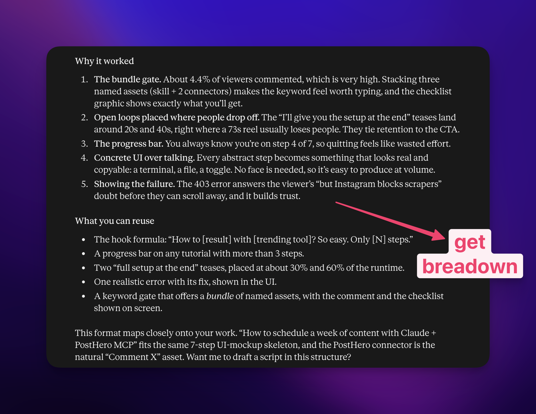 Claude's breakdown of why a viral Instagram reel worked and what to reuse