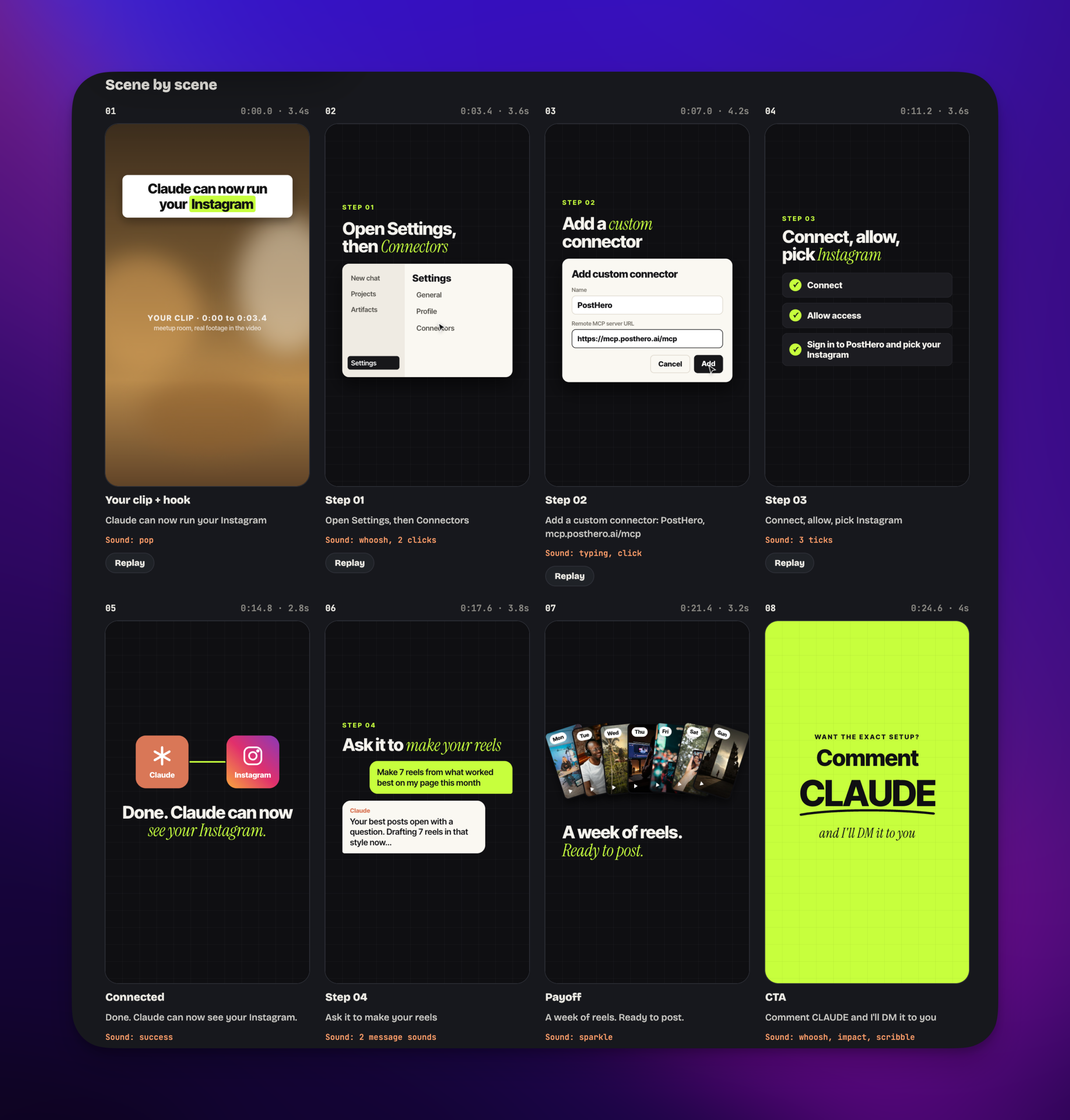 Scene-by-scene storyboard of an Instagram reel designed by Claude