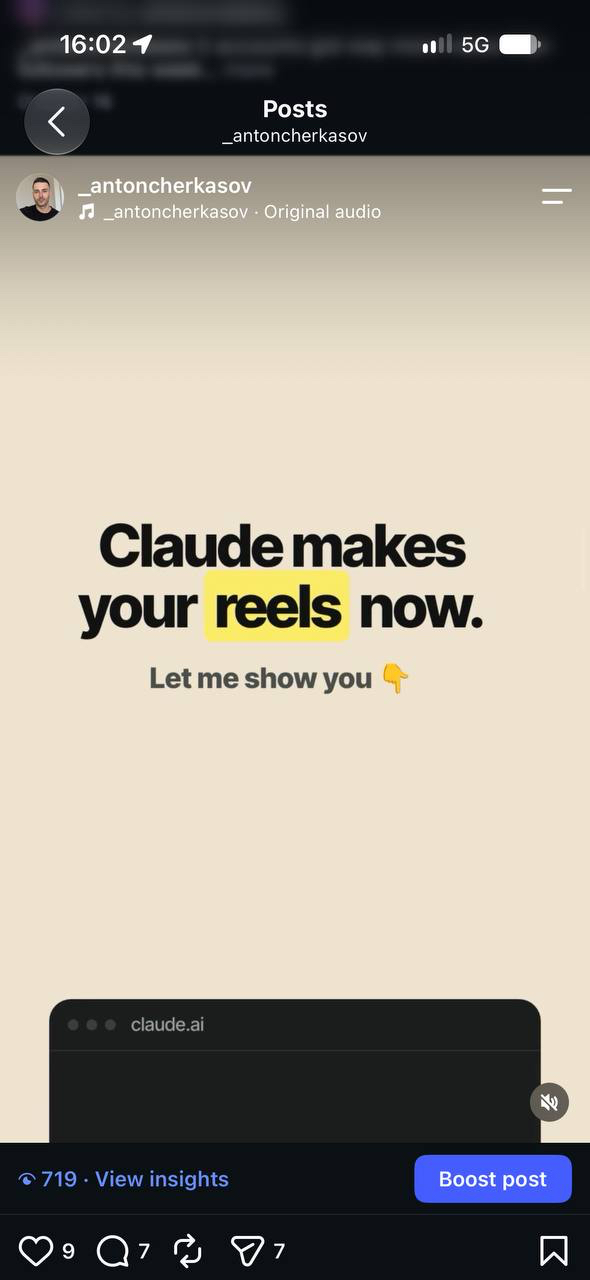 Instagram reel made with Claude showing 719 views